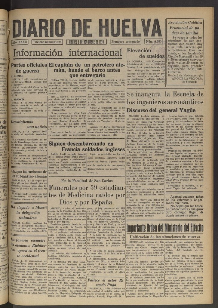 Miniatura de Diario de Huelva : periódico independiente del 3 de noviembre de 1939