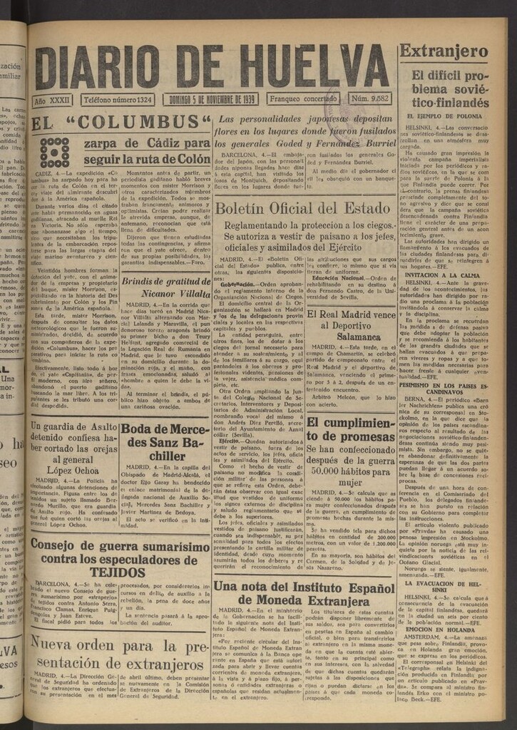 Miniatura de Diario de Huelva : periódico independiente del 5 de noviembre de 1939