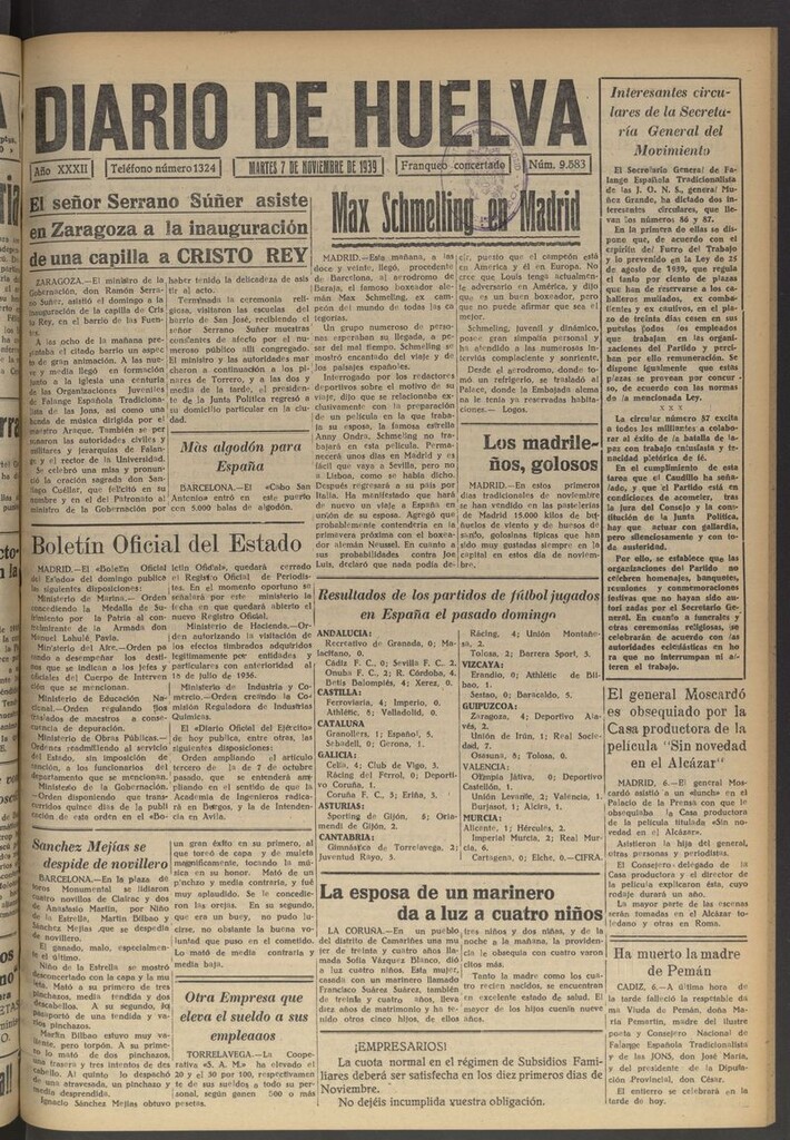 Miniatura de Diario de Huelva : periódico independiente del 7 de noviembre de 1939