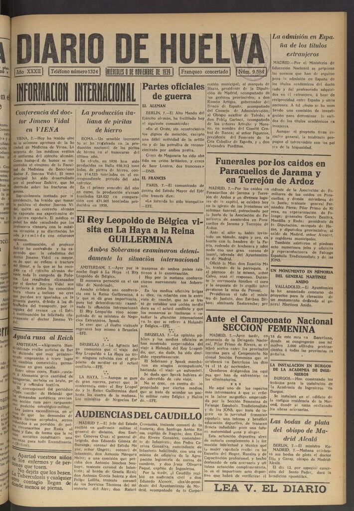 Miniatura de Diario de Huelva : periódico independiente del 8 de noviembre de 1939