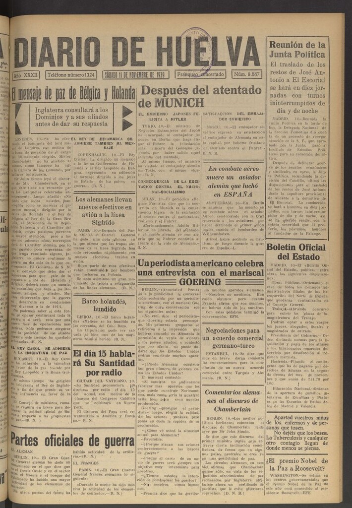 Miniatura de Diario de Huelva : periódico independiente del 11 de noviembre de 1939