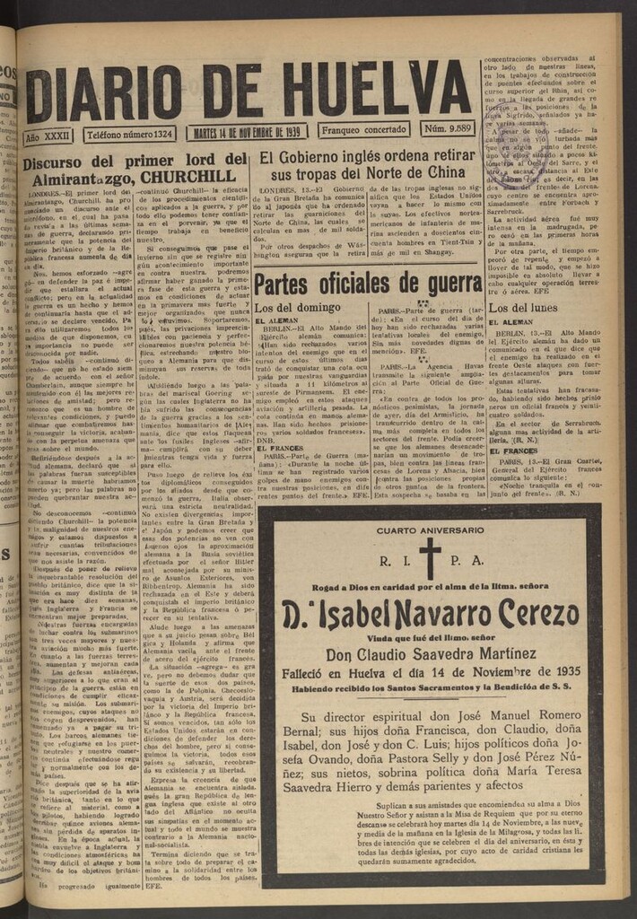 Miniatura de Diario de Huelva : periódico independiente del 14 de noviembre de 1939