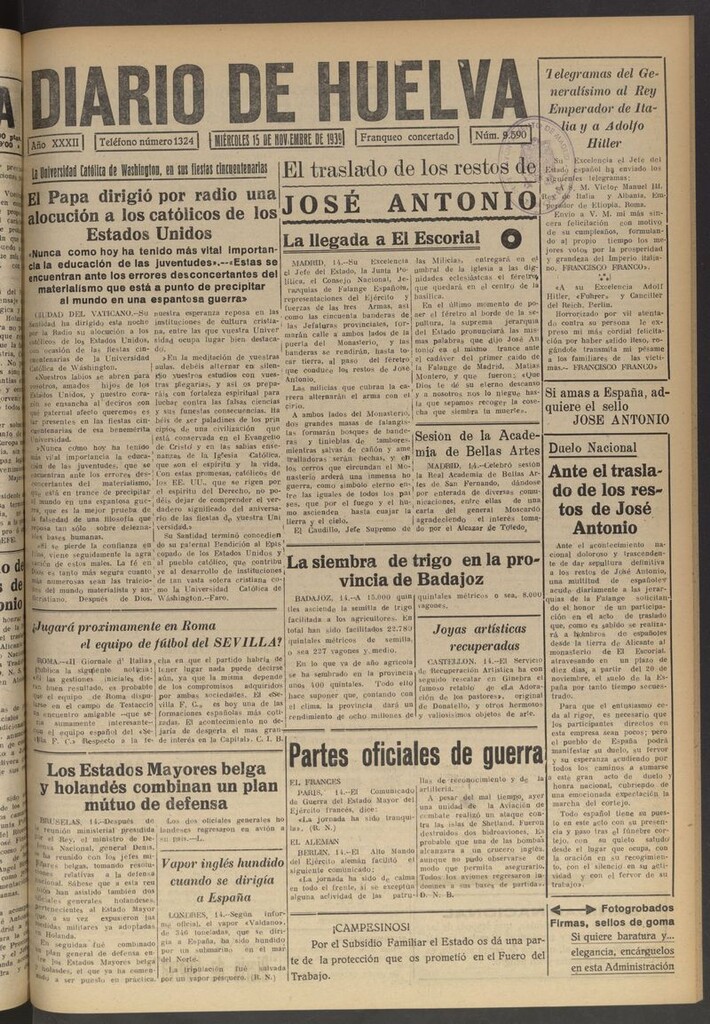 Miniatura de Diario de Huelva : periódico independiente del 15 de noviembre de 1939