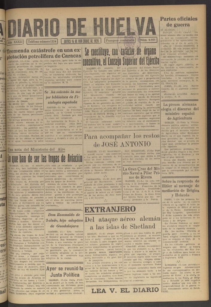 Miniatura de Diario de Huelva : periódico independiente del 16 de noviembre de 1939