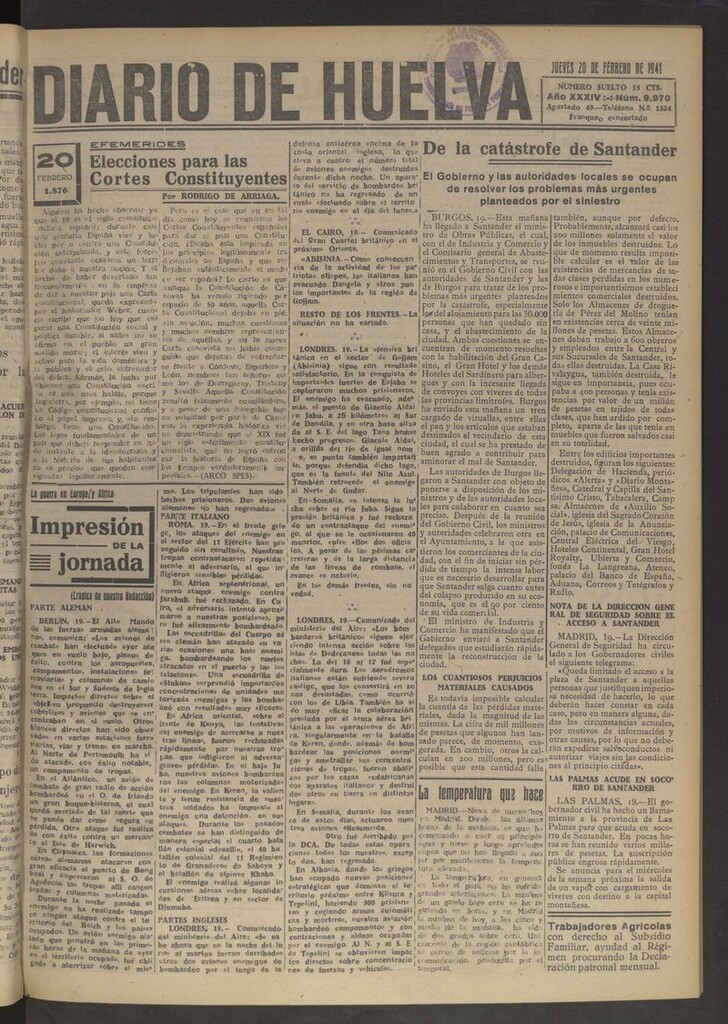 Miniatura de Diario de Huelva : periódico independiente del 20 de febrero de 1941
