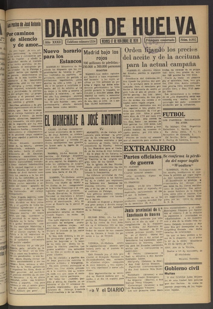 Miniatura de Diario de Huelva : periódico independiente del 17 de noviembre de 1939