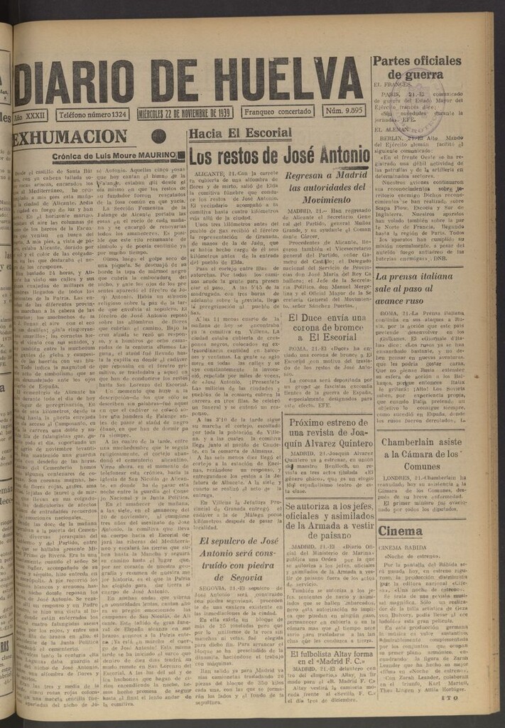 Miniatura de Diario de Huelva : periódico independiente del 22 de noviembre de 1939