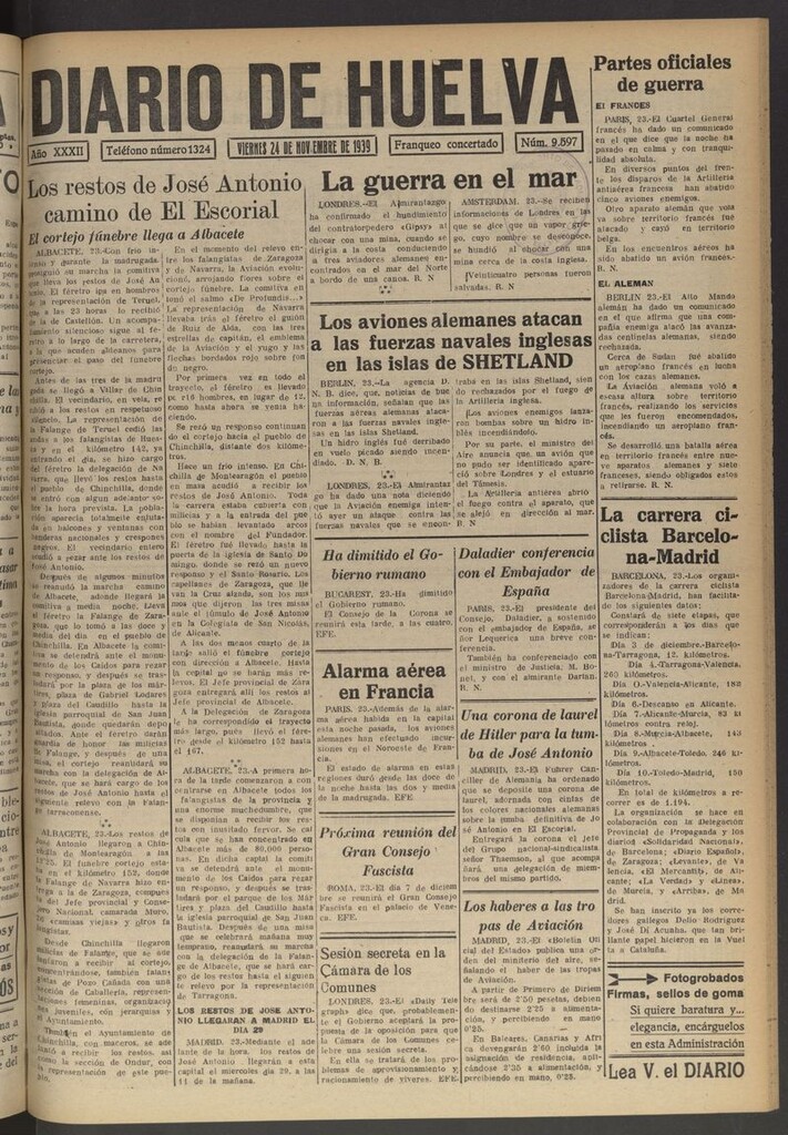 Miniatura de Diario de Huelva : periódico independiente del 24 de noviembre de 1939