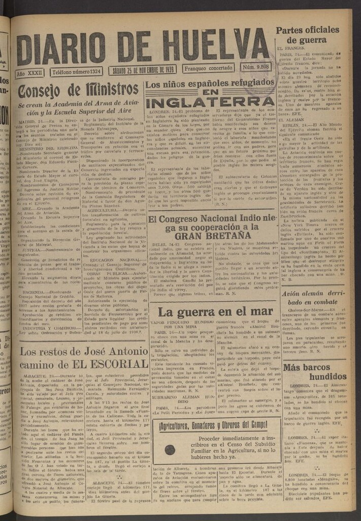 Miniatura de Diario de Huelva : periódico independiente del 25 de noviembre de 1939