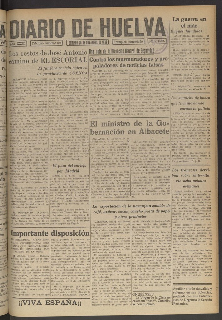 Miniatura de Diario de Huelva : periódico independiente del 26 de noviembre de 1939