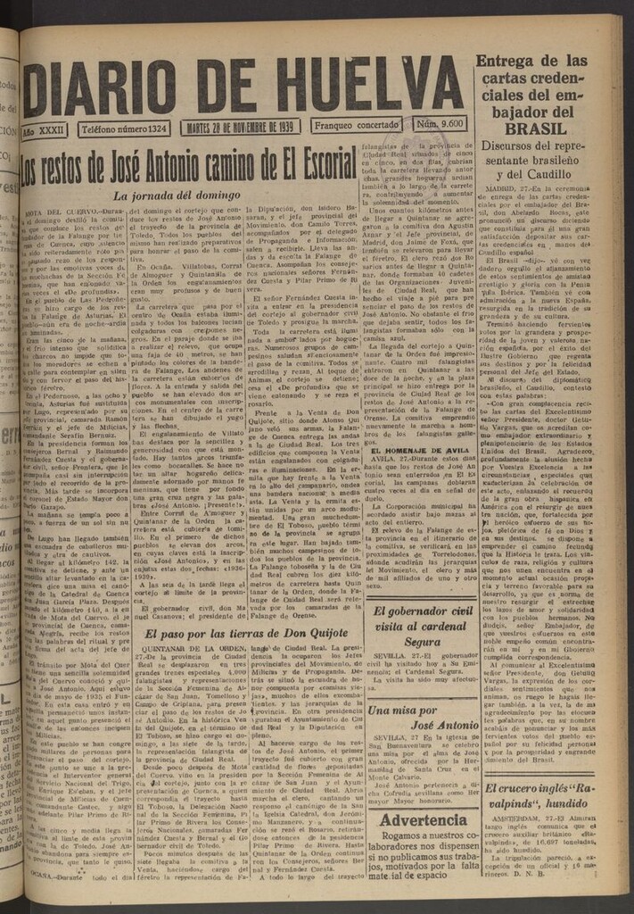 Miniatura de Diario de Huelva : periódico independiente del 28 de noviembre de 1939