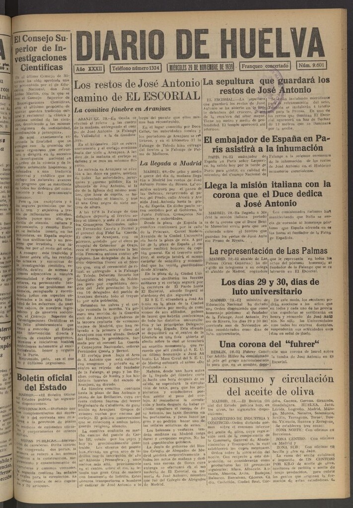 Miniatura de Diario de Huelva : periódico independiente del 29 de noviembre de 1939