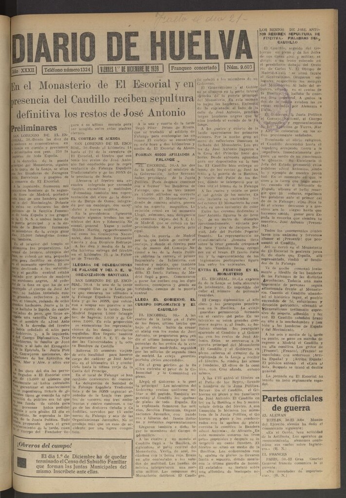 Miniatura de Diario de Huelva : periódico independiente del 1 de diciembre de 1939