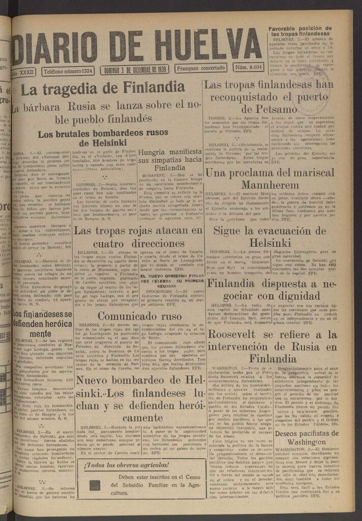 Miniatura de Diario de Huelva : periódico independiente del 3 de diciembre de 1939