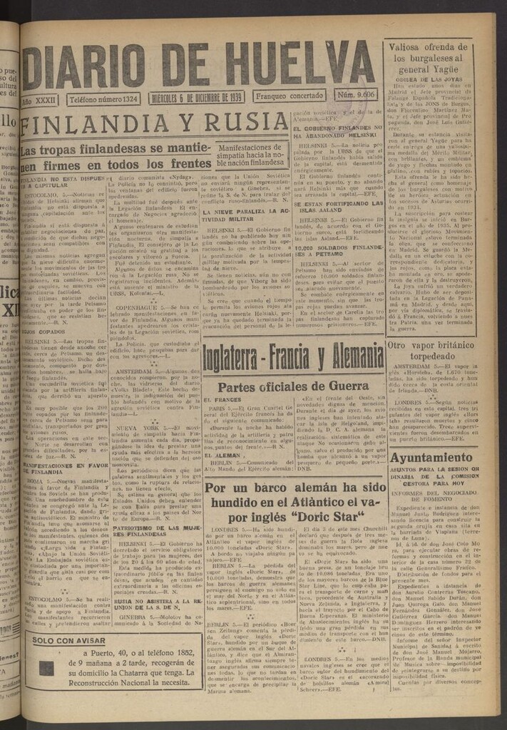 Miniatura de Diario de Huelva : periódico independiente del 6 de diciembre de 1939