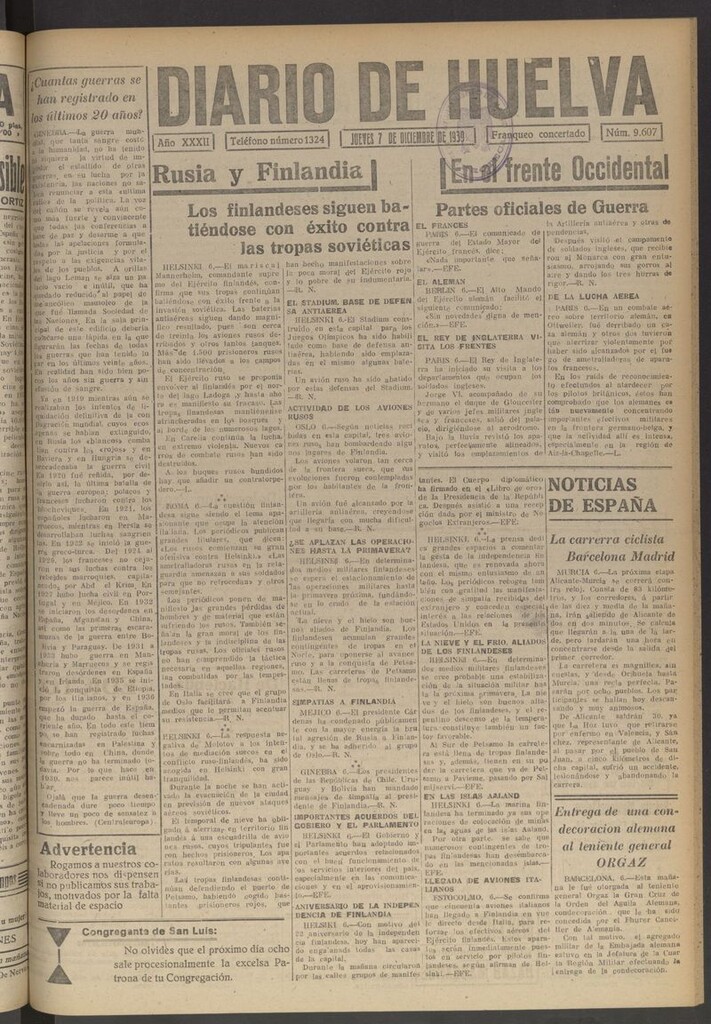 Miniatura de Diario de Huelva : periódico independiente del 7 de diciembre de 1939