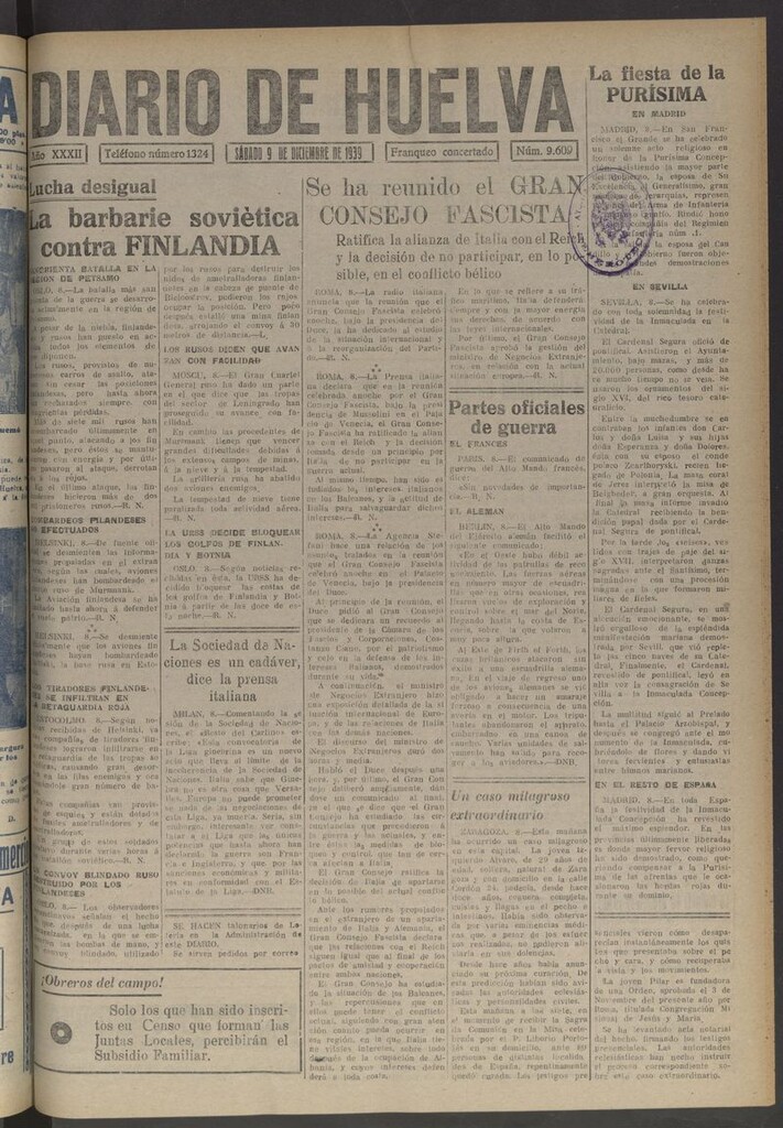 Miniatura de Diario de Huelva : periódico independiente del 9 de diciembre de 1939