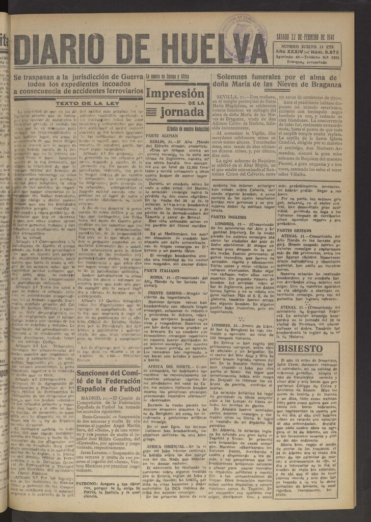 Miniatura de Diario de Huelva : periódico independiente del 22 de febrero de 1941