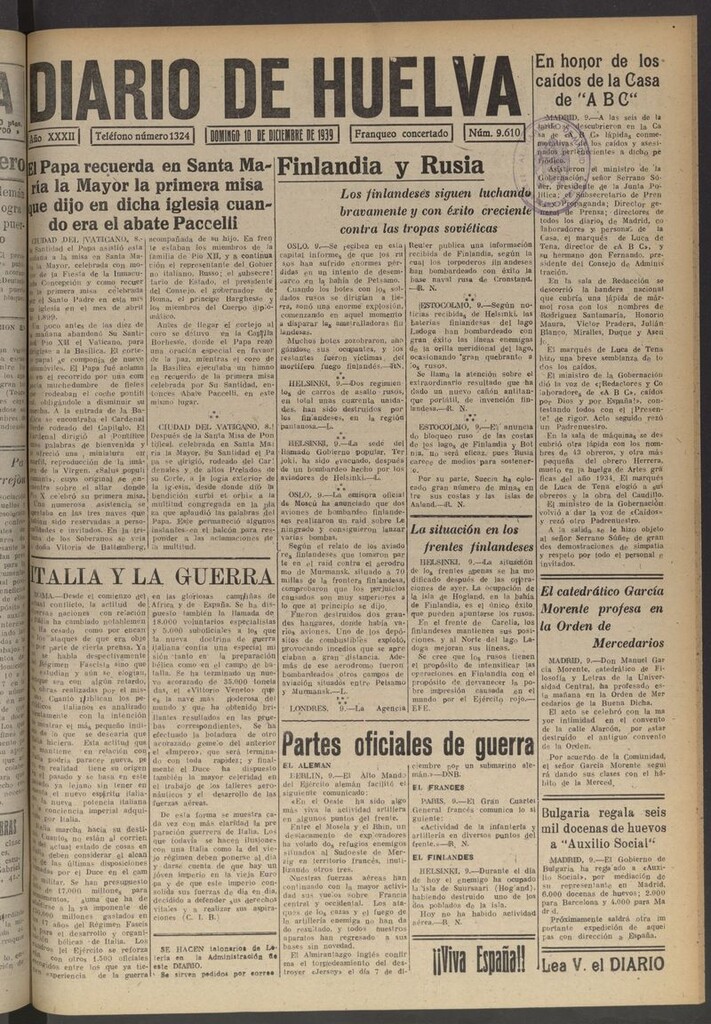 Miniatura de Diario de Huelva : periódico independiente del 10 de diciembre de 1939