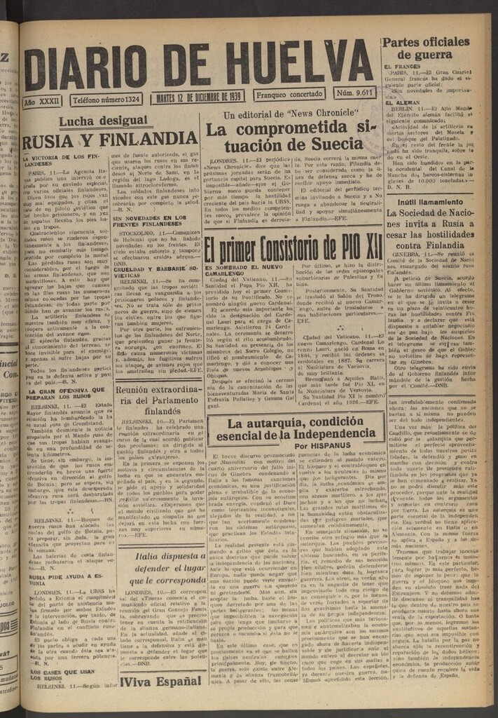 Miniatura de Diario de Huelva : periódico independiente del 12 de diciembre de 1939