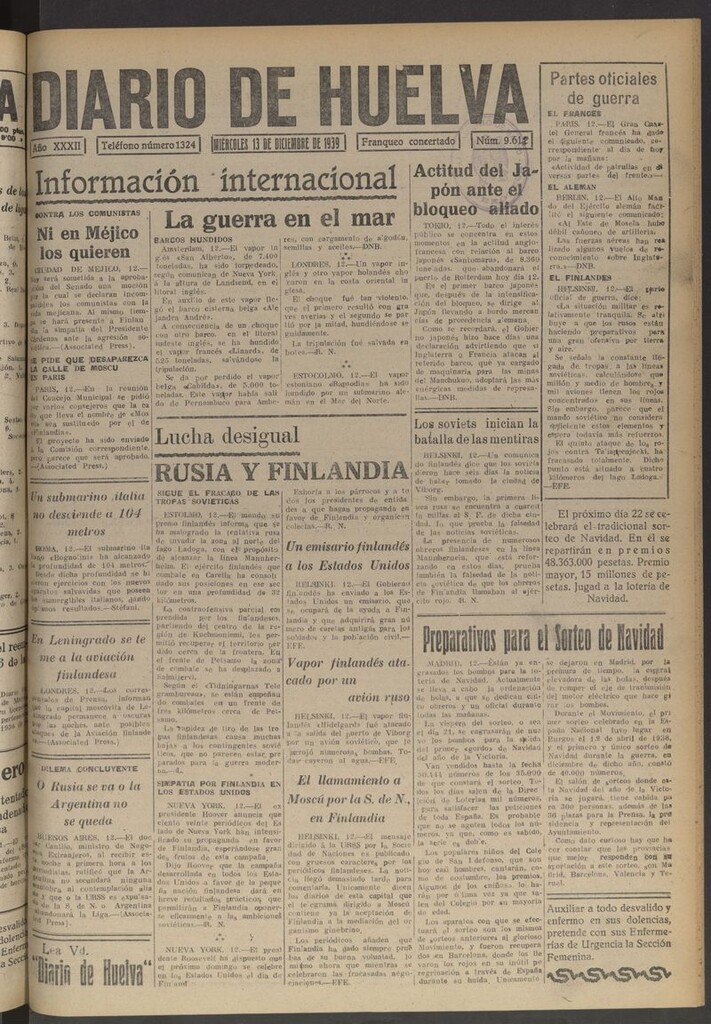 Miniatura de Diario de Huelva : periódico independiente del 13 de diciembre de 1939