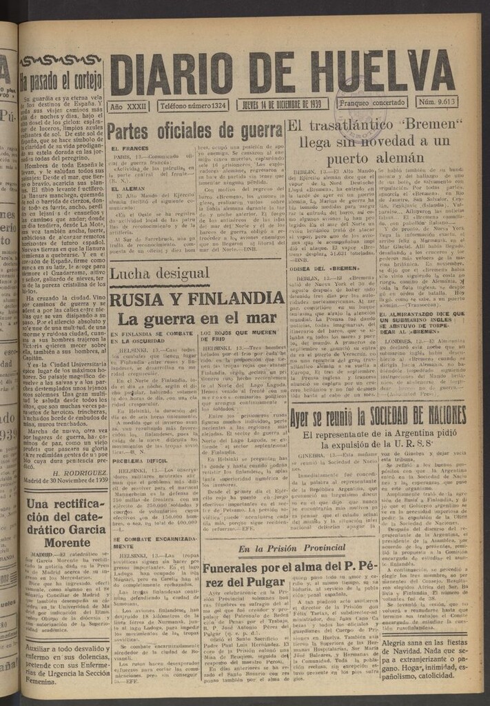 Miniatura de Diario de Huelva : periódico independiente del 14 de diciembre de 1939