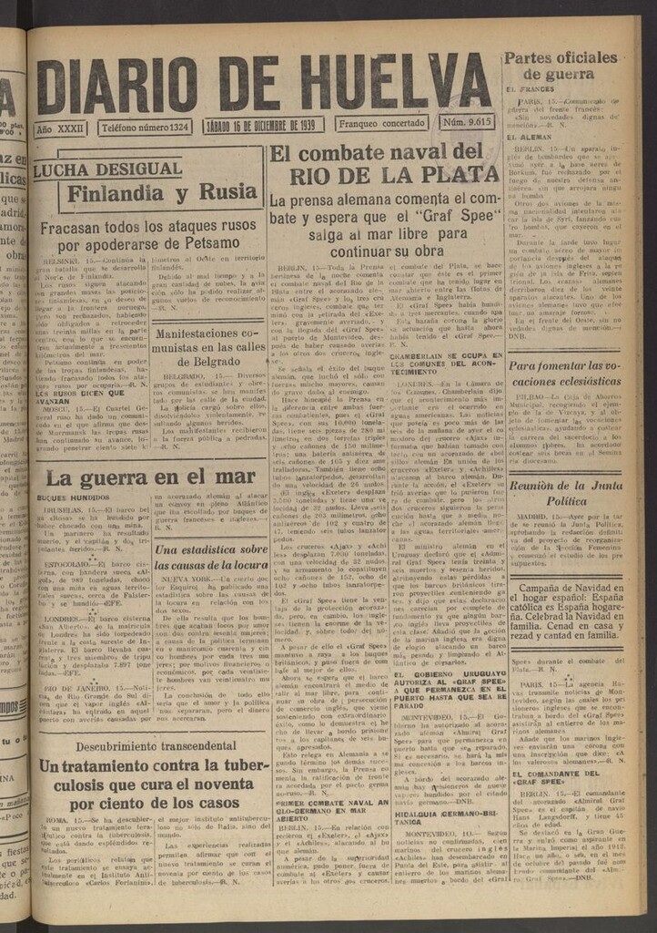 Miniatura de Diario de Huelva : periódico independiente del 16 de diciembre de 1939