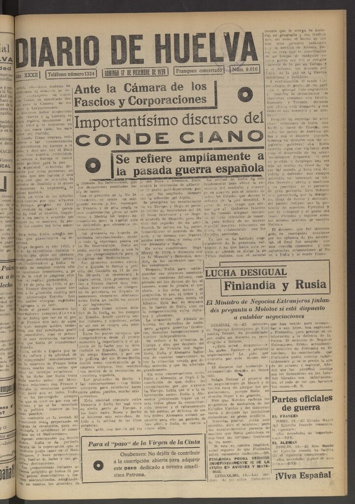Miniatura de Diario de Huelva : periódico independiente del 17 de diciembre de 1939