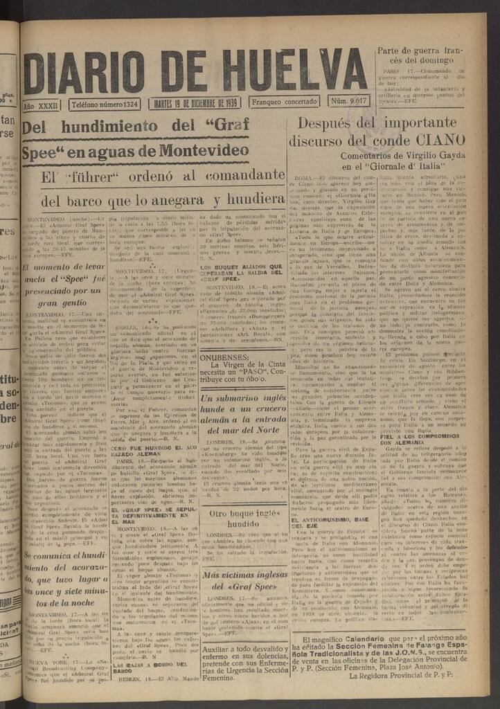 Miniatura de Diario de Huelva : periódico independiente del 19 de diciembre de 1939