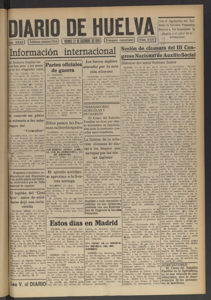 Miniatura de Diario de Huelva : periódico independiente del 22 de diciembre de 1939