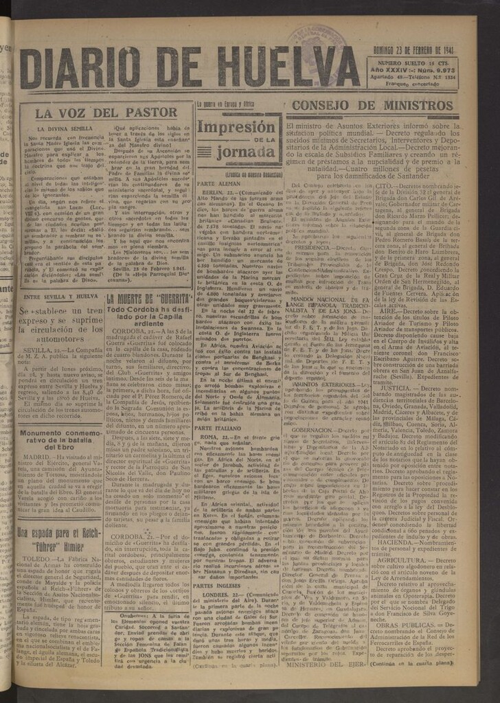 Miniatura de Diario de Huelva : periódico independiente del 23 de febrero de 1941