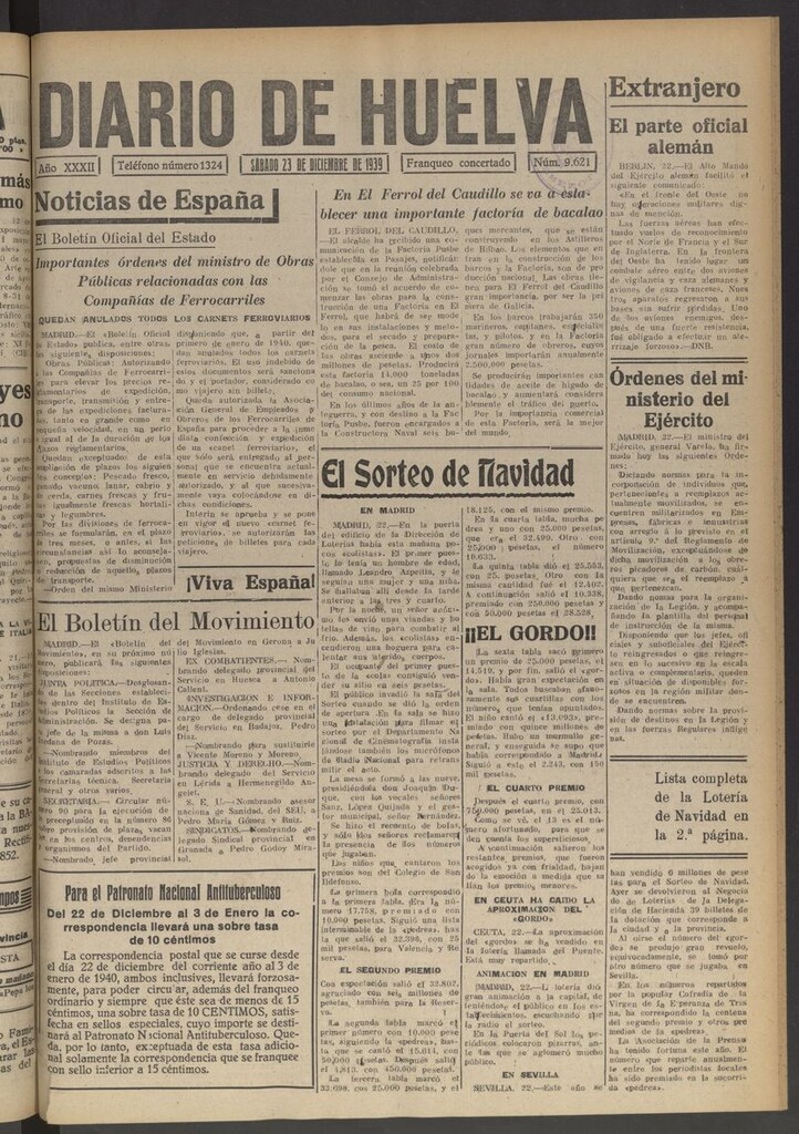 Miniatura de Diario de Huelva : periódico independiente del 23 de diciembre de 1939