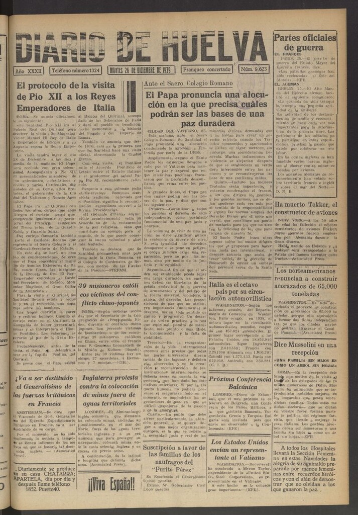 Miniatura de Diario de Huelva : periódico independiente del 26 de diciembre de 1939