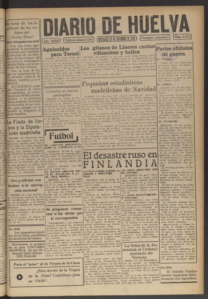 Miniatura de Diario de Huelva : periódico independiente del 27 de diciembre de 1939