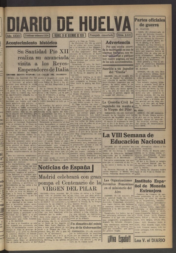Miniatura de Diario de Huelva : periódico independiente del 29 de diciembre de 1939