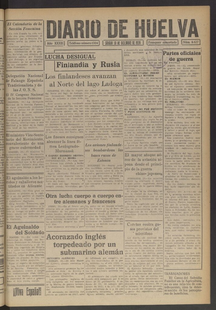 Miniatura de Diario de Huelva : periódico independiente del 30 de diciembre de 1939