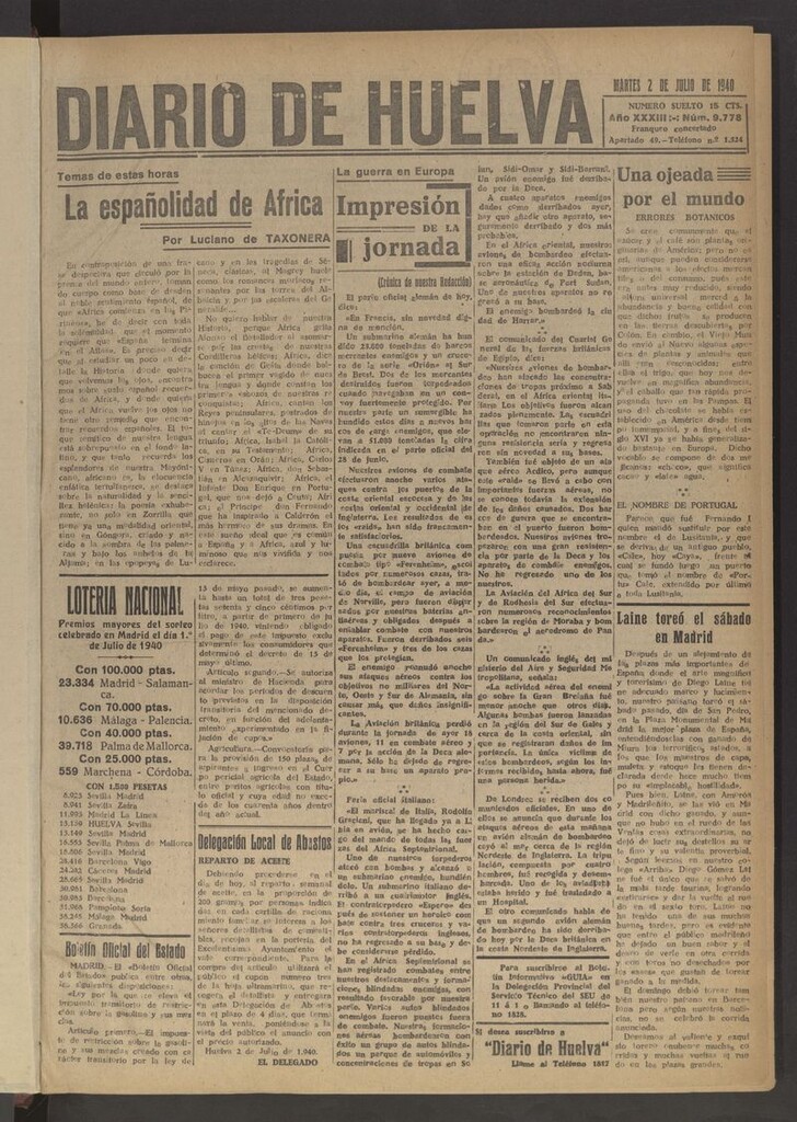 Miniatura de Diario de Huelva : periódico independiente del 2 de julio de 1940