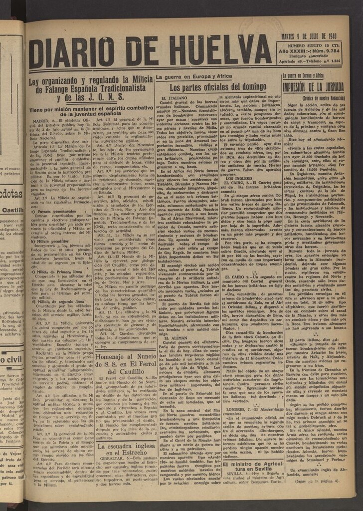 Miniatura de Diario de Huelva : periódico independiente del 9 de julio de 1940