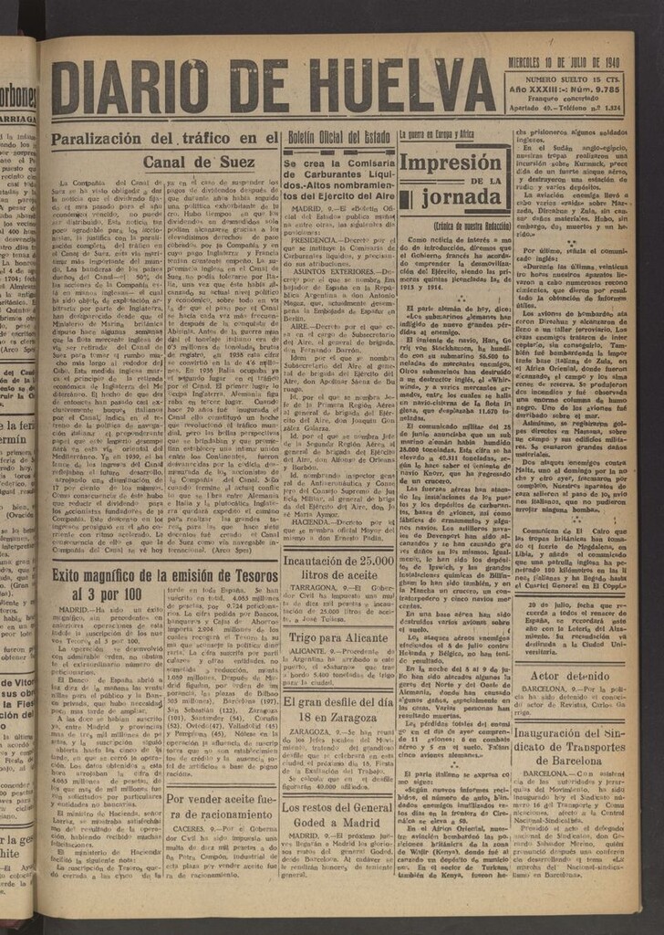 Miniatura de Diario de Huelva : periódico independiente del 10 de julio de 1940