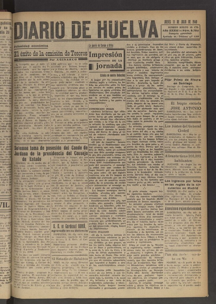Miniatura de Diario de Huelva : periódico independiente del 11 de julio de 1940