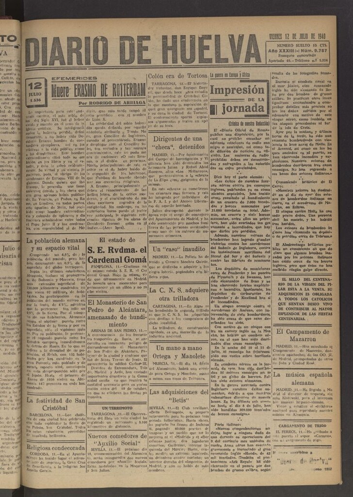 Miniatura de Diario de Huelva : periódico independiente del 12 de julio de 1940