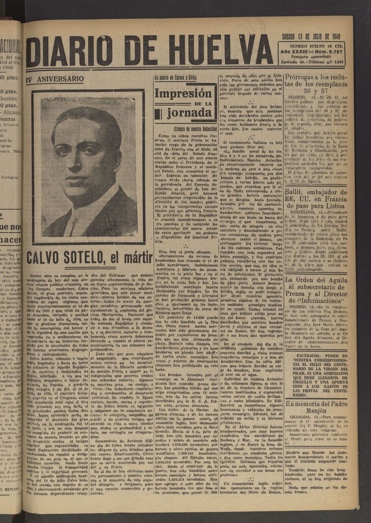 Miniatura de Diario de Huelva : periódico independiente del 13 de julio de 1940