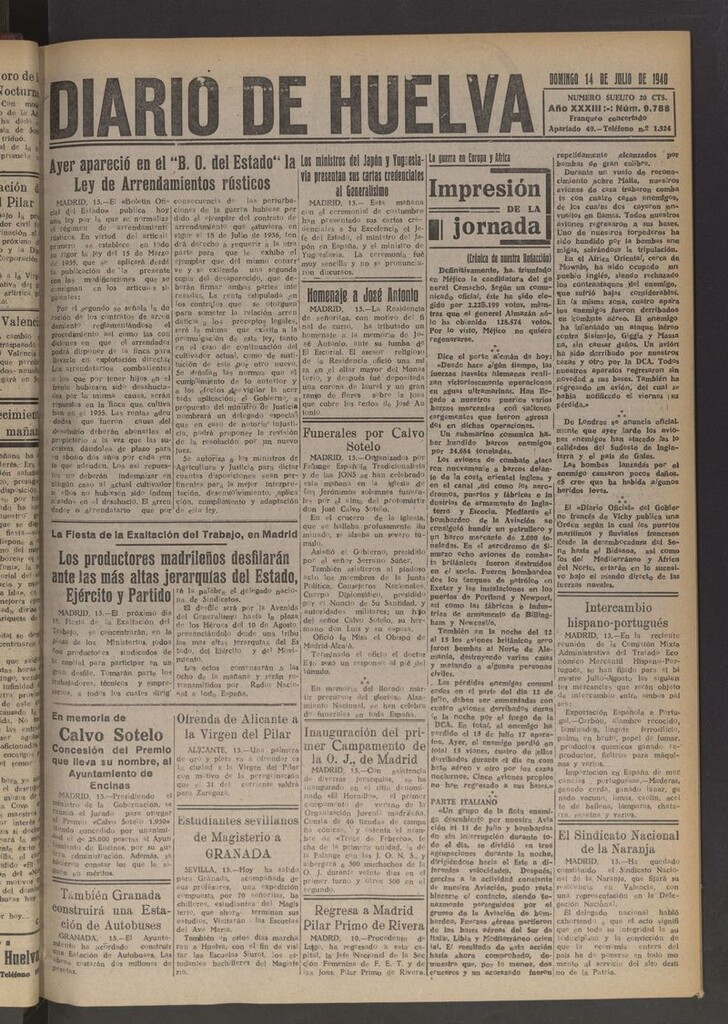 Miniatura de Diario de Huelva : periódico independiente del 14 de julio de 1940