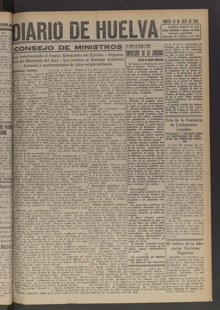 Miniatura de Diario de Huelva : periódico independiente del 16 de julio de 1940