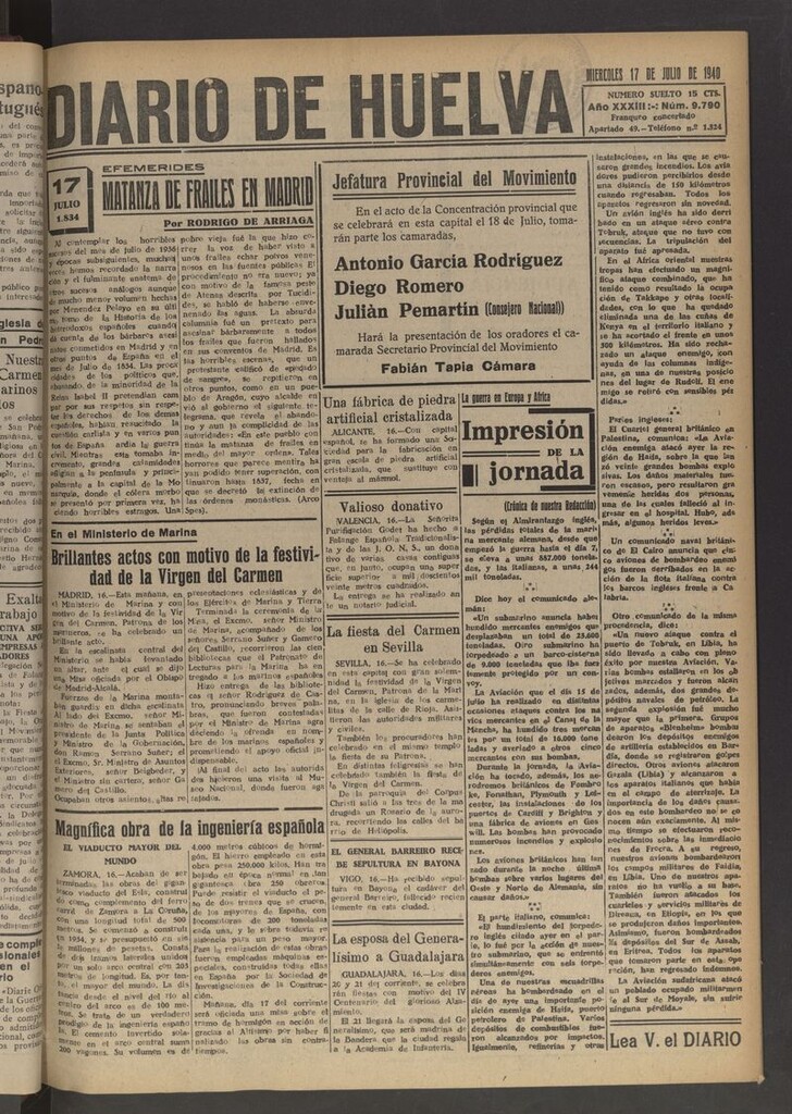 Miniatura de Diario de Huelva : periódico independiente del 17 de julio de 1940