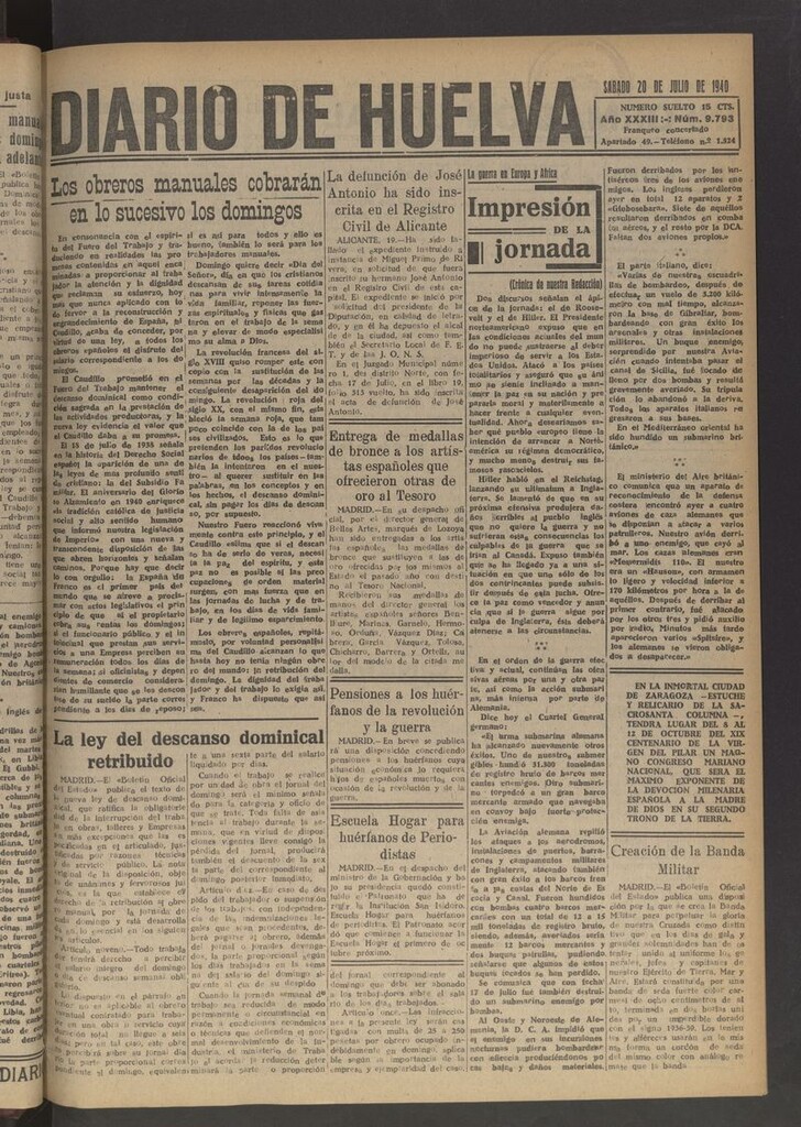 Miniatura de Diario de Huelva : periódico independiente del 20 de julio de 1940