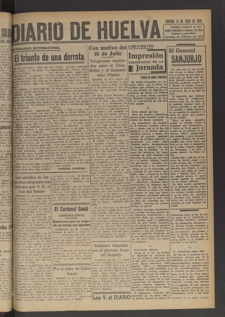 Miniatura de Diario de Huelva : periódico independiente del 21 de julio de 1940