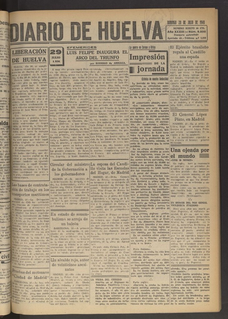 Miniatura de Diario de Huelva : periódico independiente del 28 de julio de 1940
