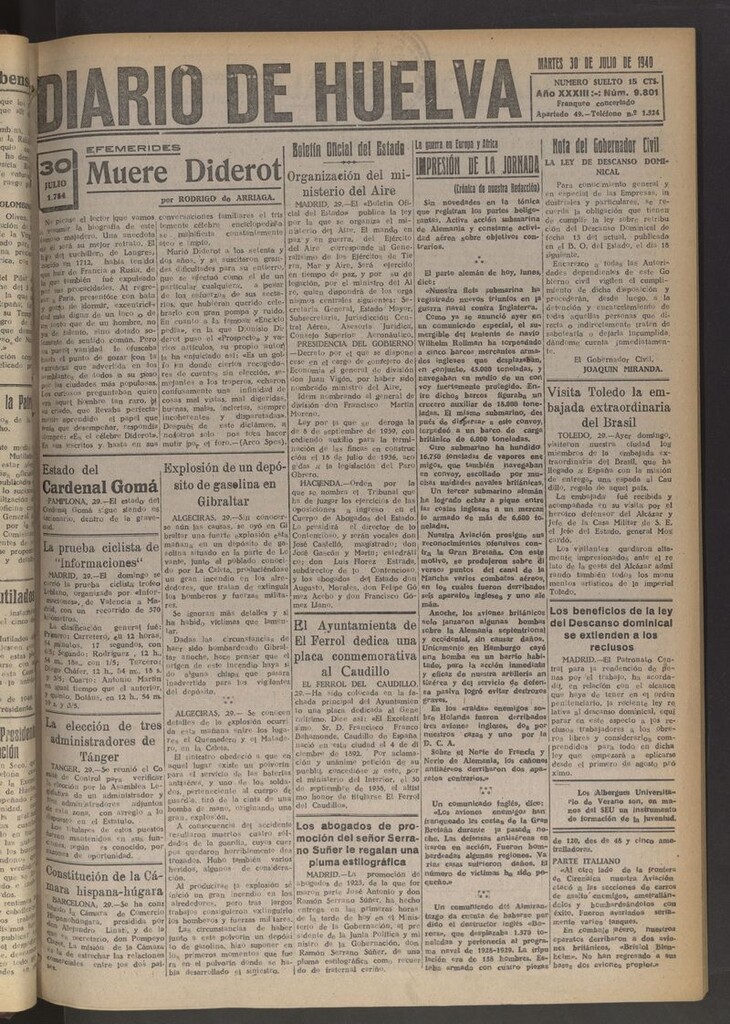Miniatura de Diario de Huelva : periódico independiente del 30 de julio de 1940