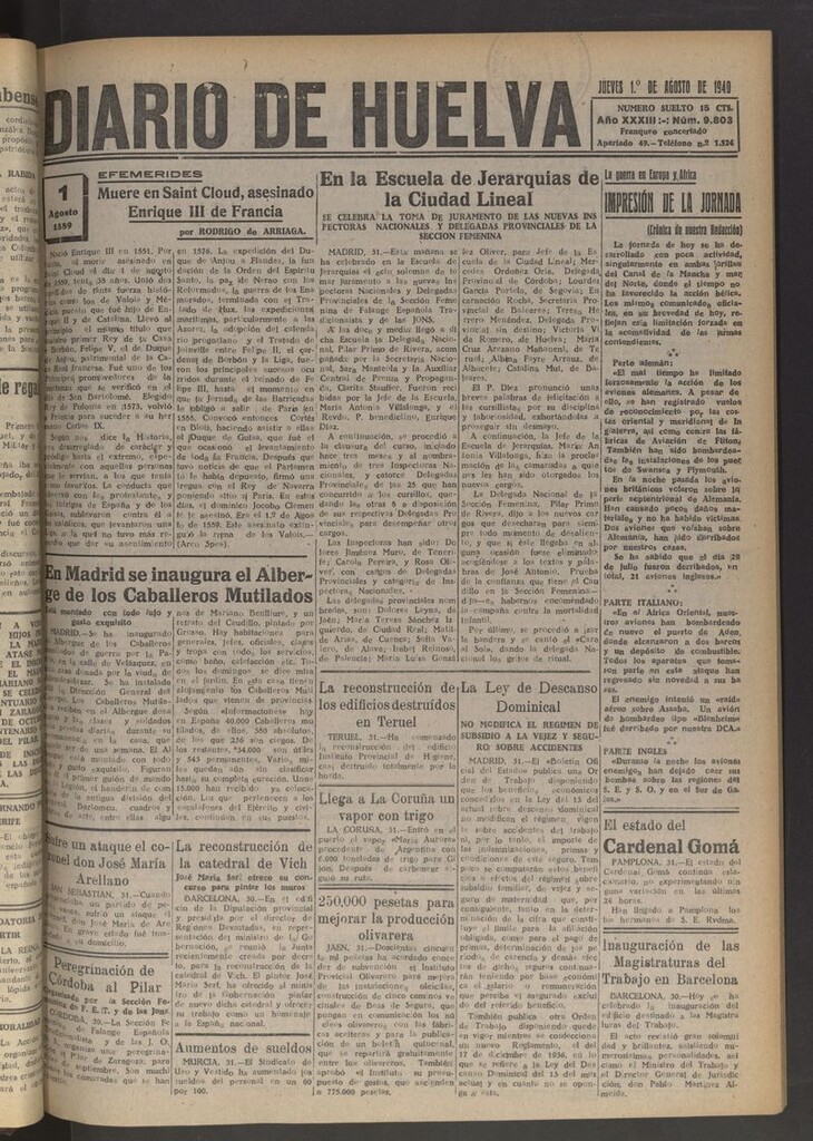 Miniatura de Diario de Huelva : periódico independiente del 1 de agosto de 1940